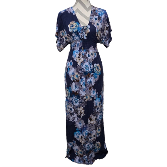 Lovestitch Blue Floral Maxi Dress Smocked Waist Size Small / Medium - Picture 1 of 13